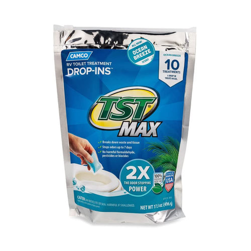 Camco TST MAX Drop-INs RV Toilet Treatment - Control Unwanted Odors and Break Down Waste and Tissue - Septic Tank Safe - Ocean Breeze Scent - 10-pack (41613)