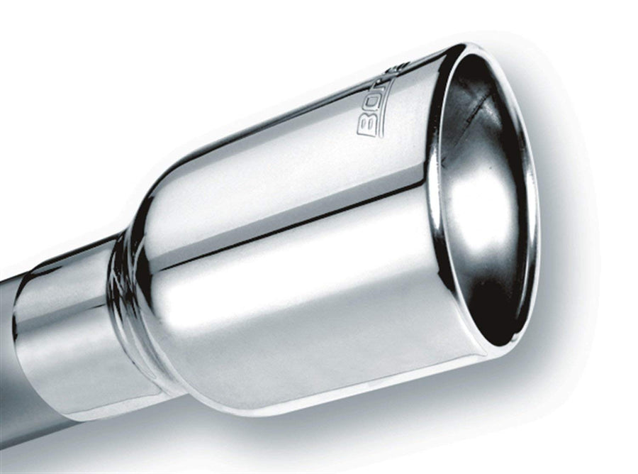 BORLA Exhaust Tip 2.5" Inlet - 4" Single Round Rolled-Edge Angle-Cut Lined Outlet - 6.25" Long Embossed with BORLA Logo. Clamp On Mounting Method. Clamp Included. 20156