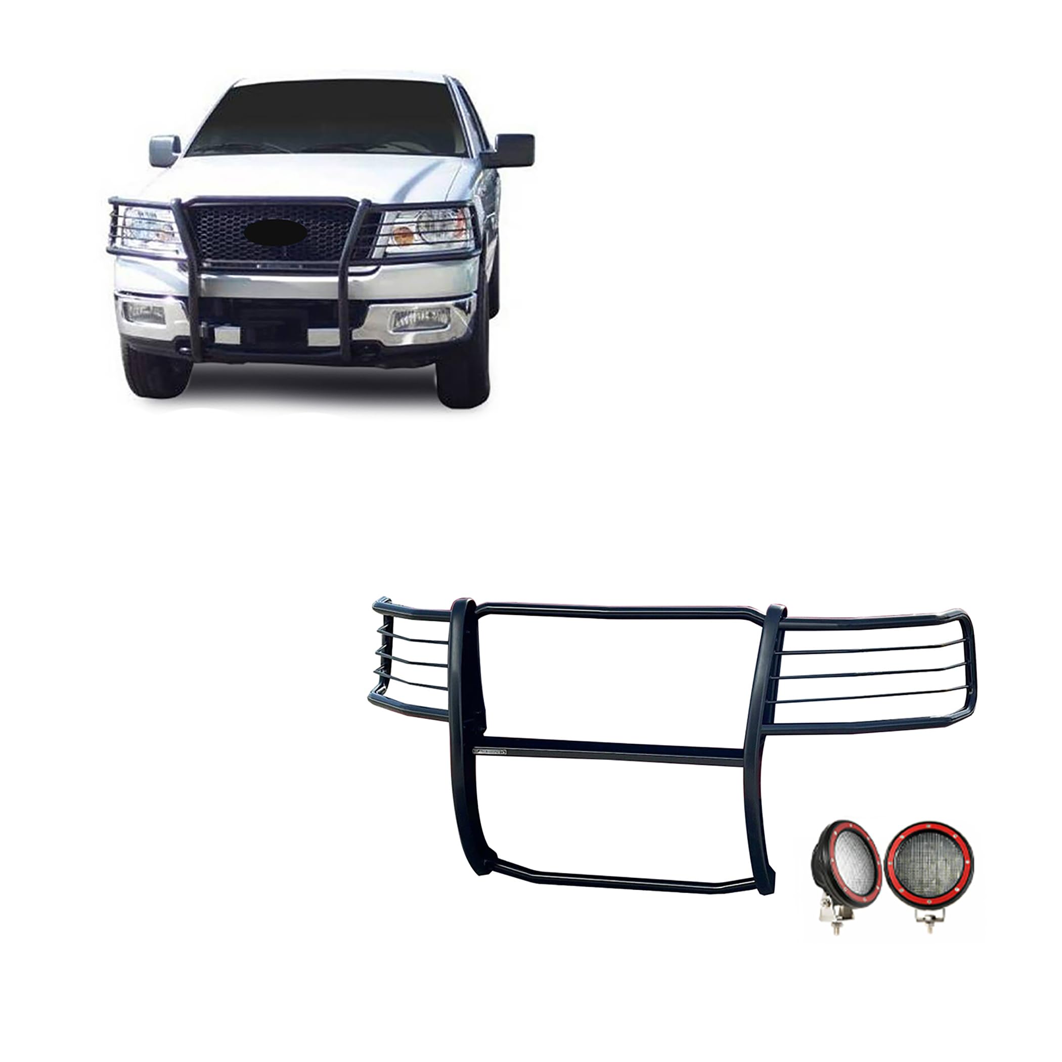 Grille Brush Black Horse Bumper Guard Modular Black Come with Pair of 5.3" Dia.LED Lights with Red Trim Rings Compatible with 2004-2008 Ford F-150-17FP28MA-PLFR