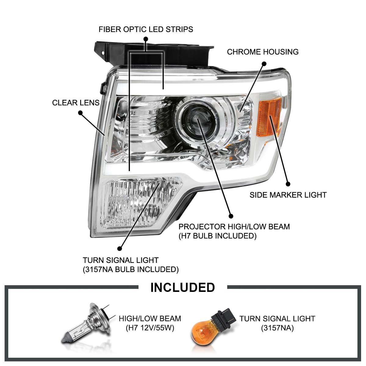 Chrome Projector Headlights w/LED Strips SPEC-D TUNING Compatible with 2009-2014 Ford F-150, Left + Right Pair Headlamps Assembly
