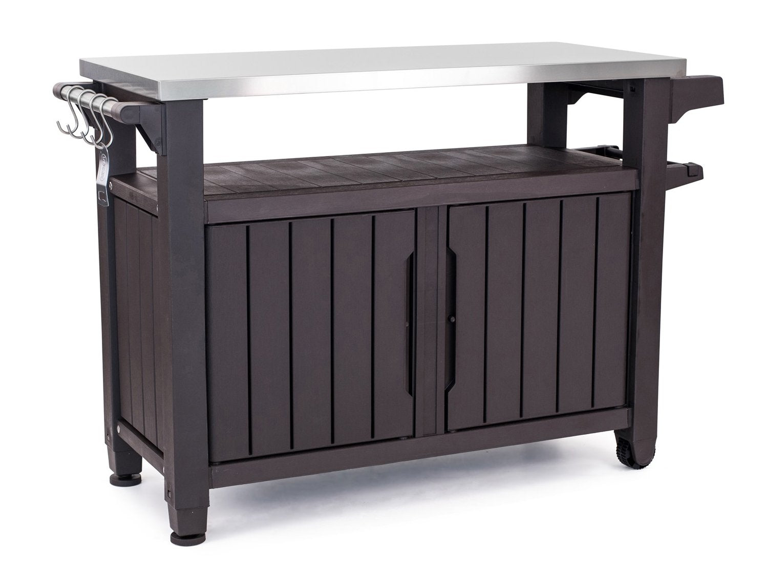 Keter Outdoor Rolling Table Cart for Food Prep, Storage, Dark Brown Bar & Grill - Portable Kitchen Island Tabletop with Wheels for Drinks, Snacks, and Cooking