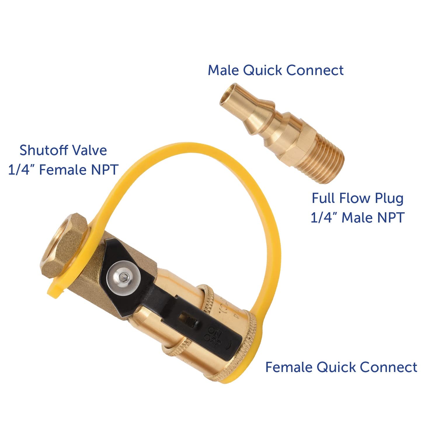 1/4" RV Propane Flame King Quick Connect Adapter for Propane Hose, 1/4" Quick Connect or Disconnect Kit - Shutoff Valve & Full Flow Plug - 100% Solid Brass