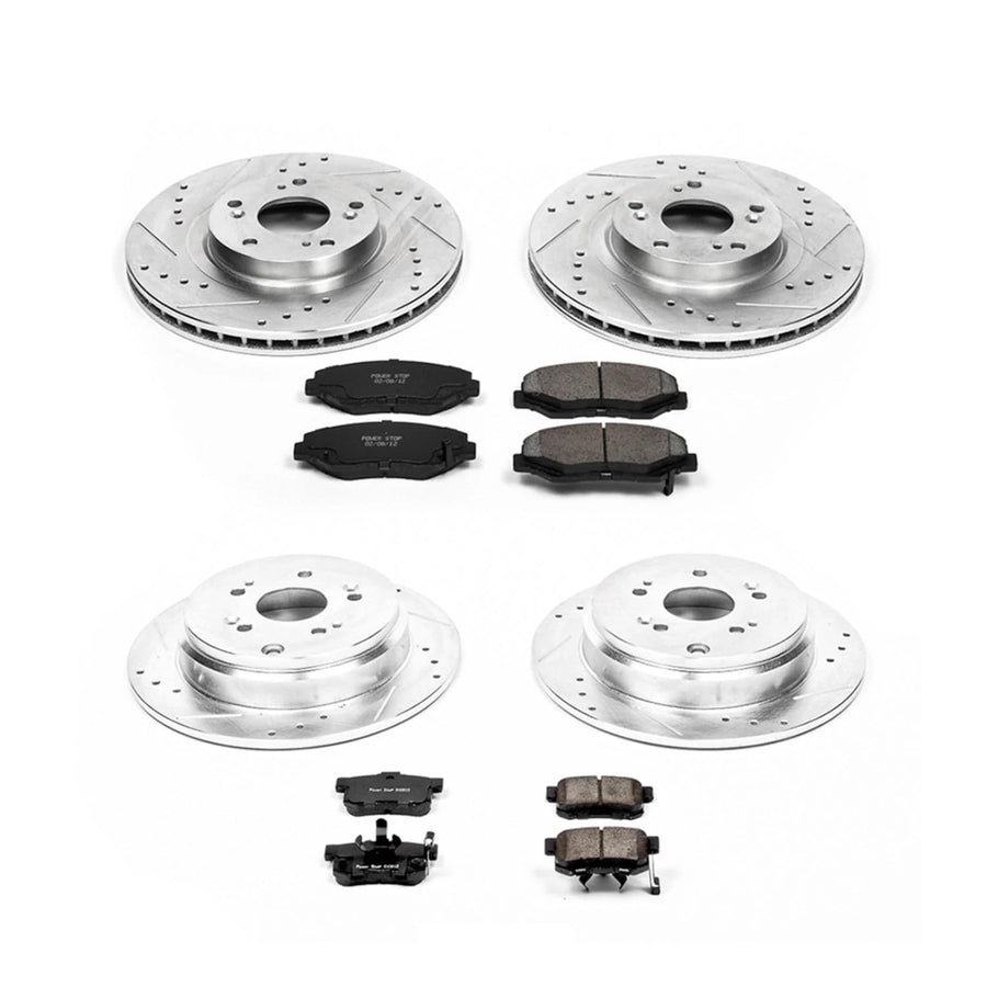 Power Stop K6173 Z23 Carbon Fiber Brake Pads Front and Rear with Drilled & Slotted Brake Rotors Kit For Honda CR-V 2005-2006 [Model Specific]