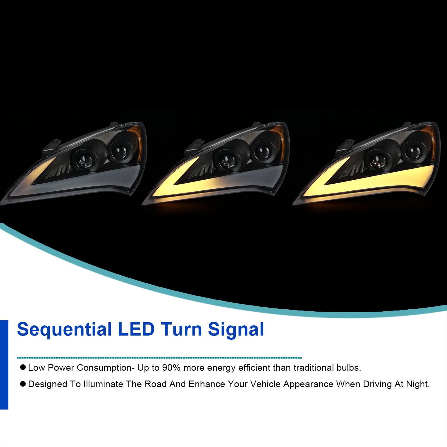 Black LED Light Bar Projector Headlights SPEC-D TUNING w/Sequential Turn Signal Compatible with 2010-2012 Hyundai Genesis Coupe, Left + Right Pair Headlamps Assembly