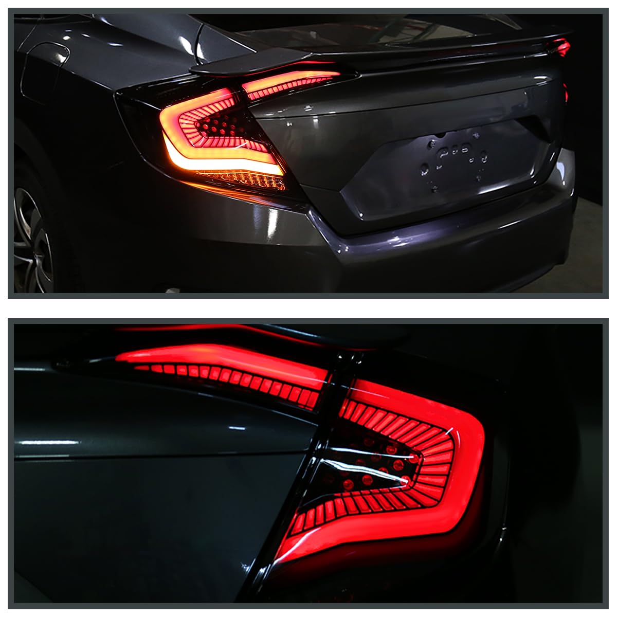 Glossy Black Smoke SPEC-D TUNING Tail Lights w/Red LED Strips, Sequential LED Turn Signal, and Startup Animation Compatible with 2016-2021 Honda Civic 4-Door Sedan, Left + Right Pair Assembly
