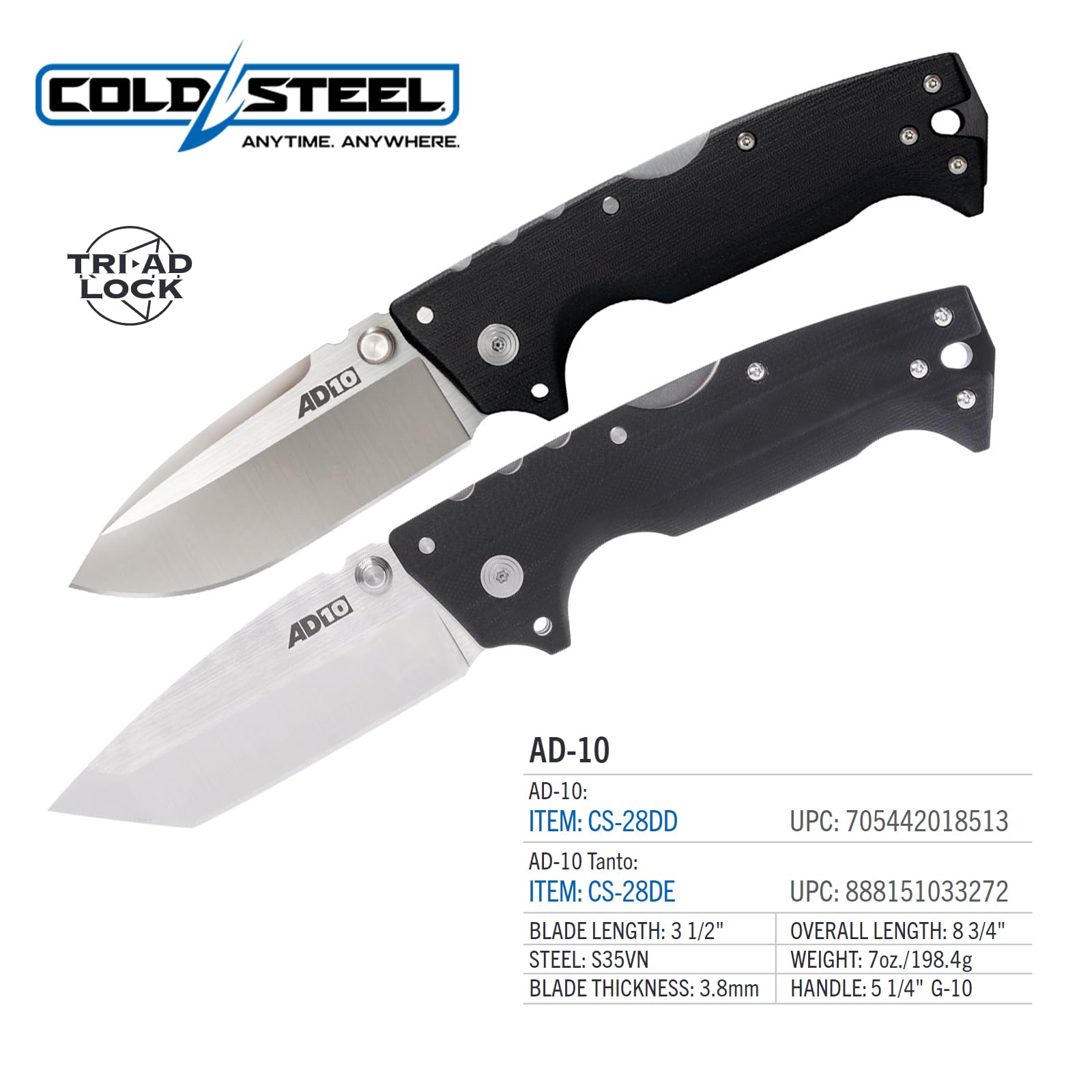 AD-10 COLD STEEL 3.5" S35VN Steel Ultra-Sharp Tanto Point Blade 5.25" G-10 Handle Tactical Folding Knife with Tri-Ad Locking Mechanism