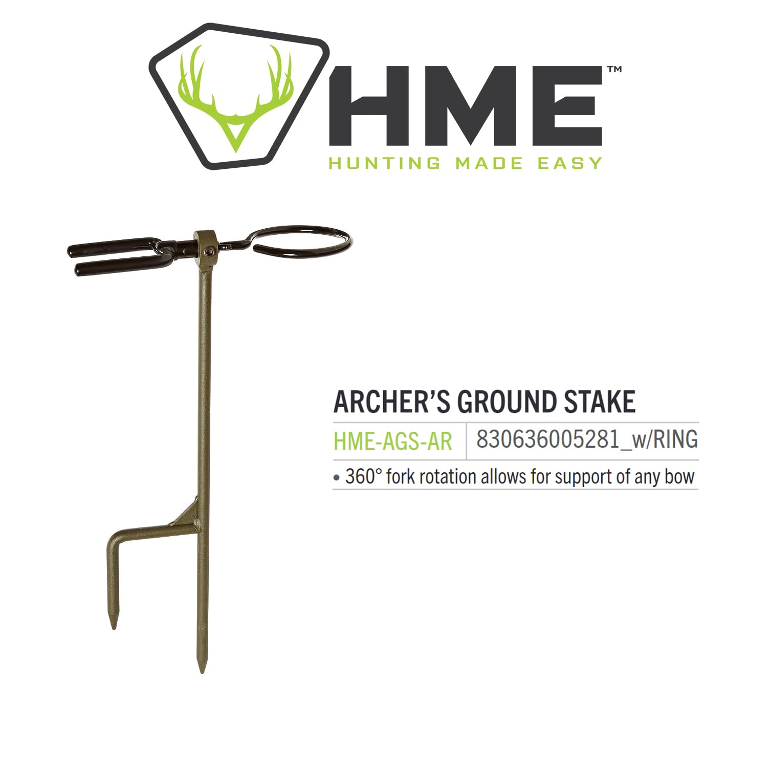 HME High Performance Portable Easy-To-Install Durable Versatile Archer's Ground Bow Stake with 360-Degree Rotating Fork - Arrow Ring Included