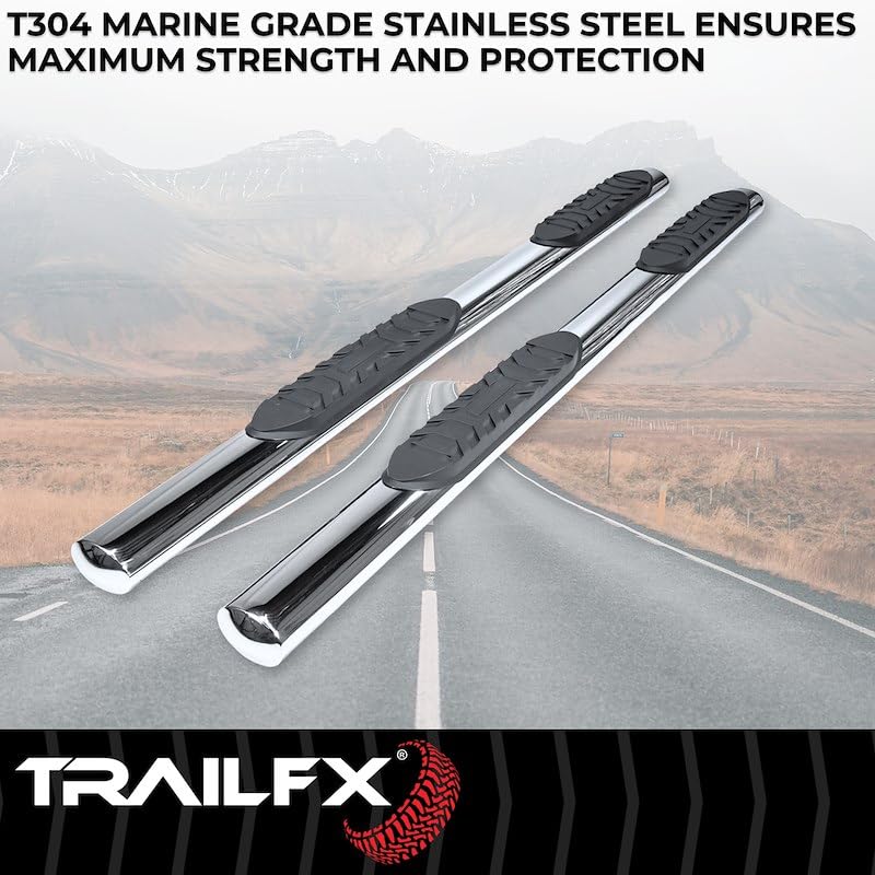 TrailFX Side Steps Nerf Bar Fits Ram 1500 Crew Cab 2011–2018 Polished Stainless Steel with Step Pads Rocker Panel Mount 4-Inch Oval Straight Set of 2 TrailFX A1537S