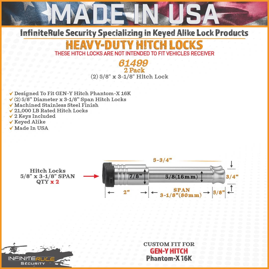 2 Pack, Keyed Alike, Hitch Locks for Gen-Y Hitch Phantom-X 16K & Phantom Flip & Tow Hitches | 61499 - Fits Adjustable Ball Mount Only - Does NOT FIT Vehicle Receiver