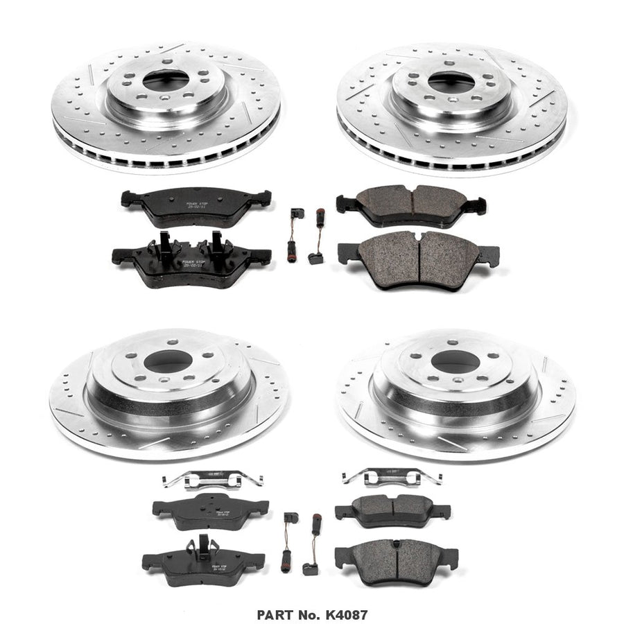Power Stop K4087 Z23 Carbon Fiber Brake Pads with Front and Rear Drilled & Slotted Brake Rotors Kit