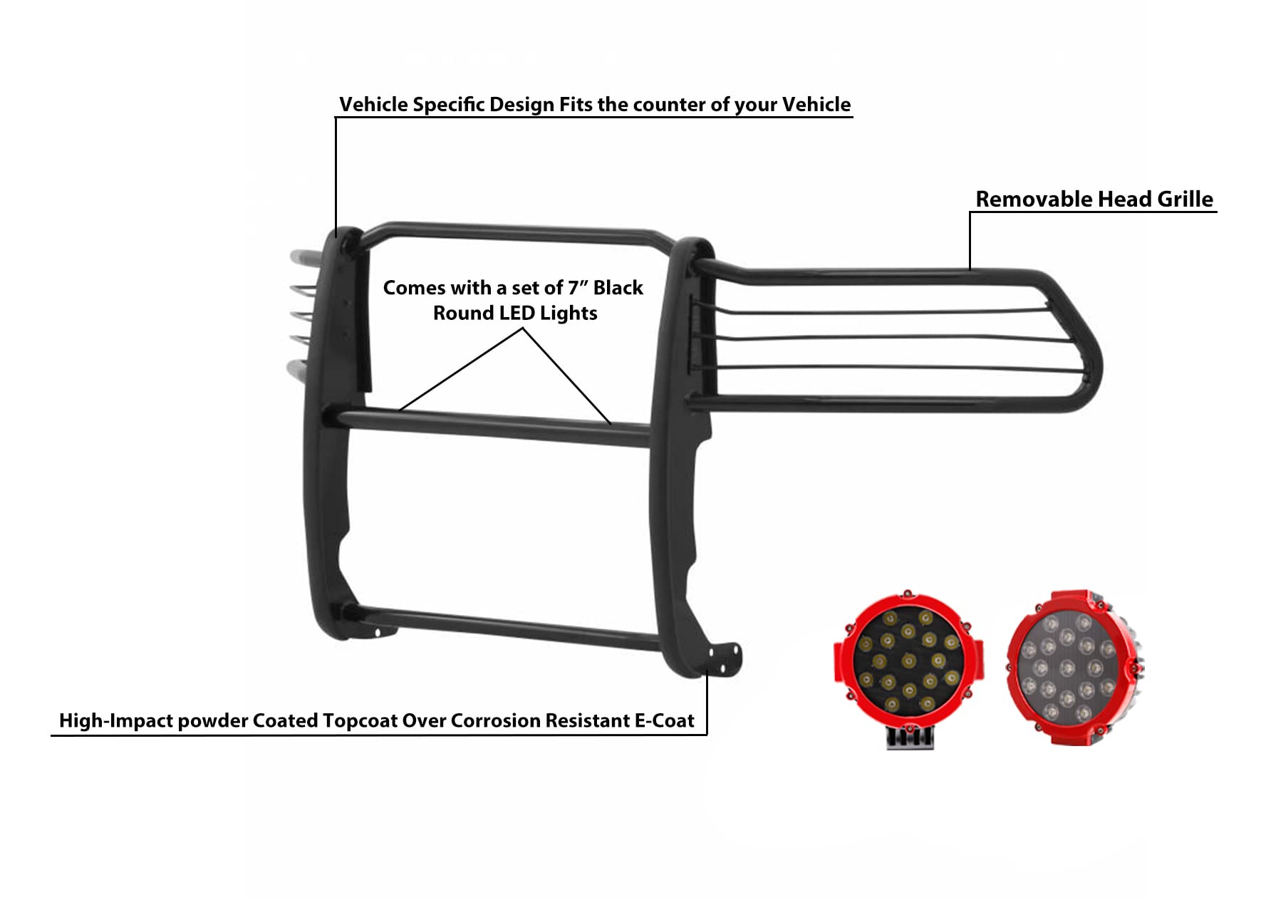 Grille Brush Black Horse Bumper Guard Modular Black Come with Pair of 7.0" Dia.LED Lights with Red Trim Rings Compatible with 2010-2018 Ram 2500|2011-2018 Ram 3500-17DR01MA-PLR