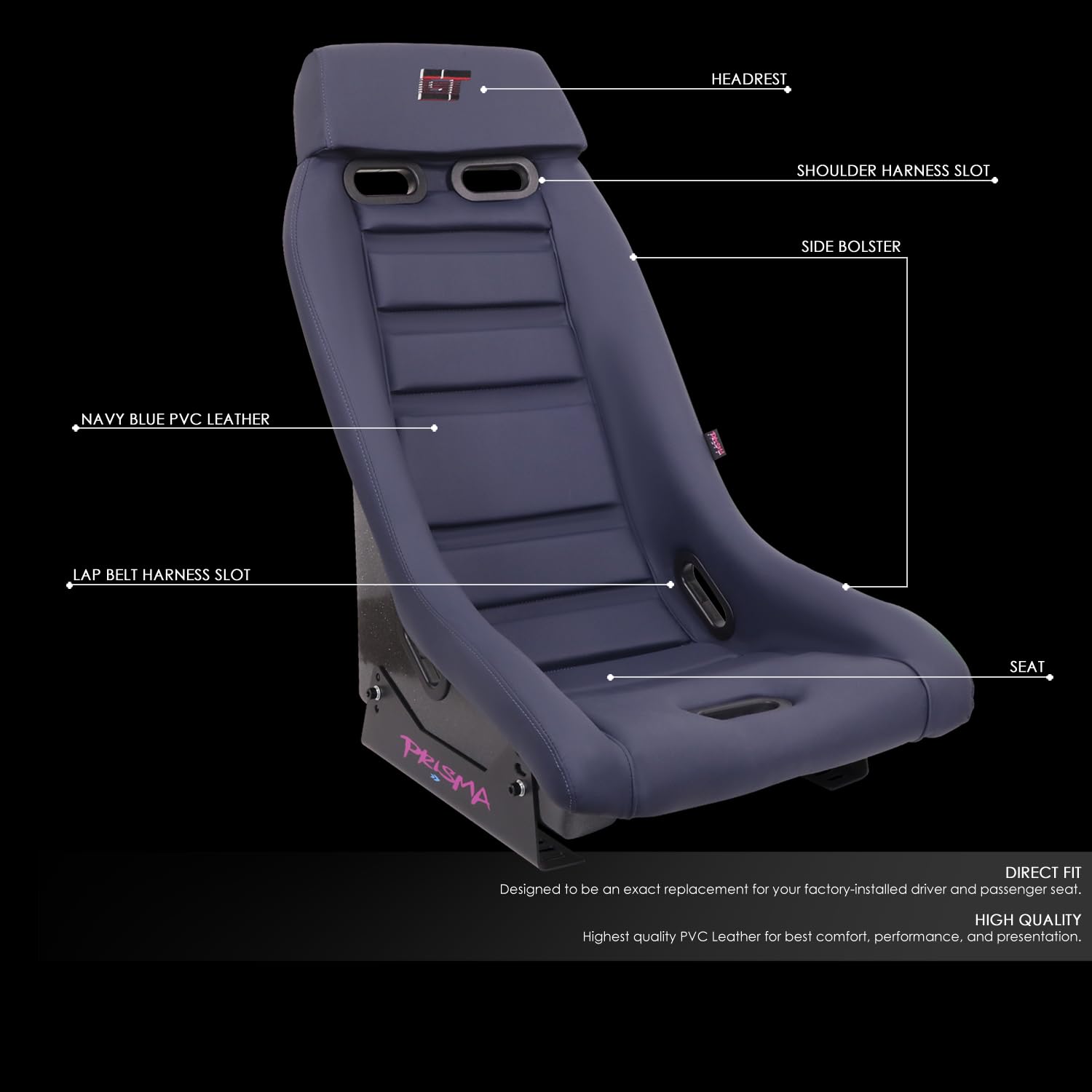 NRG Innovations GTS Retro Series PRI-150NVY Fixed Back Bucket Racing Seat with Side Mount Bracket, Navy PVC Leather, Silver Fiberglass back Sparkle Back
