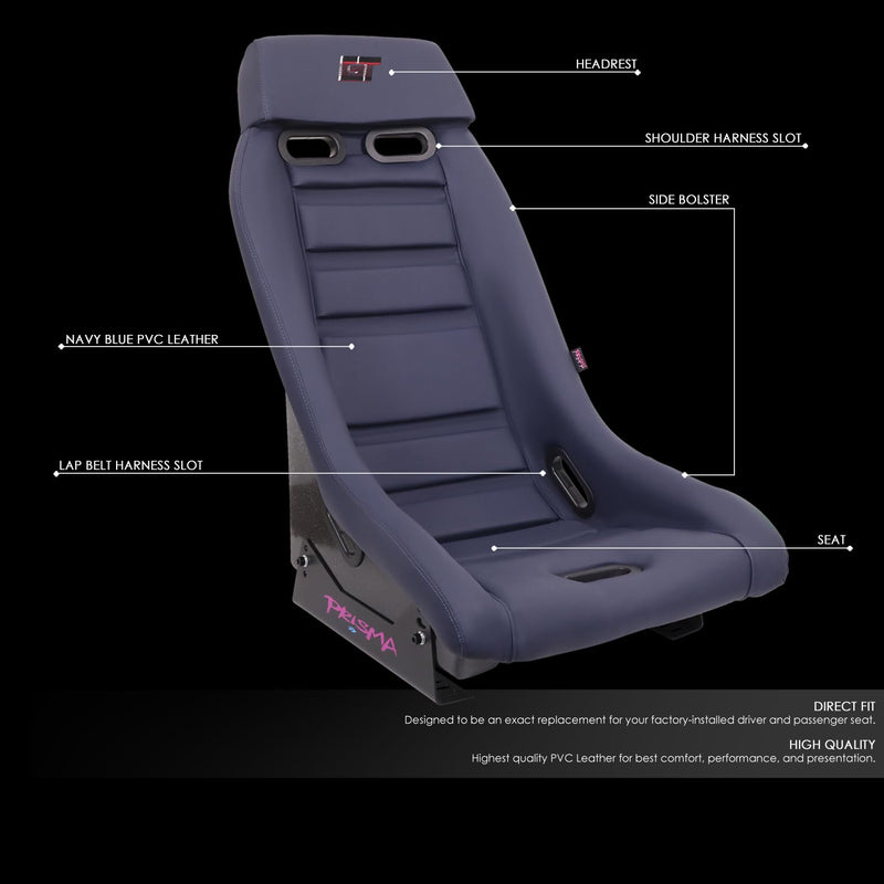 NRG Innovations GTS Retro Series PRI-150NVY Fixed Back Bucket Racing Seat with Side Mount Bracket, Navy PVC Leather, Silver Fiberglass back Sparkle Back