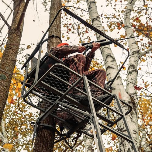 TwoPlex LS Rivers Edge 2-Man Ladder Stand, 17’1” Height, Lockdown Strapping System, Flip-Up TearTuff Mesh Bench Seat, 40” Wide Platform, 2-Way Adjustable Shooting Rail, RE669