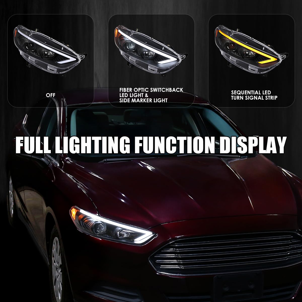 Black SPEC-D TUNING Projector Headlights w/Sequential Switchback LED Tube Signal Compatible with 2013-2016 Ford Fusion, Left + Right Pair Headlamp Assembly