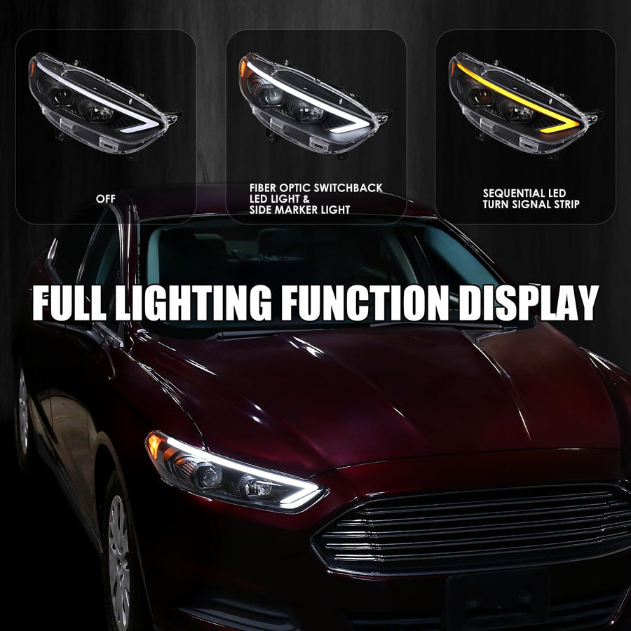 Black SPEC-D TUNING Projector Headlights w/Sequential Switchback LED Tube Signal Compatible with 2013-2016 Ford Fusion, Left + Right Pair Headlamp Assembly