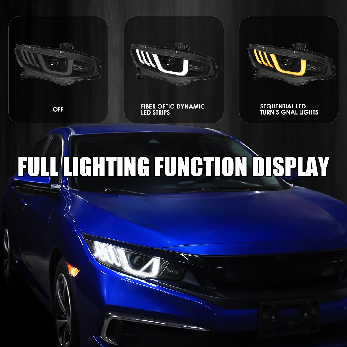 Black Smoke SPEC-D TUNING Full LED Projector Headlights w/Switchback and Sequential Turn Signals Compatible with 2016-2021 Honda Civic with Factory Halogen Headlight Models
