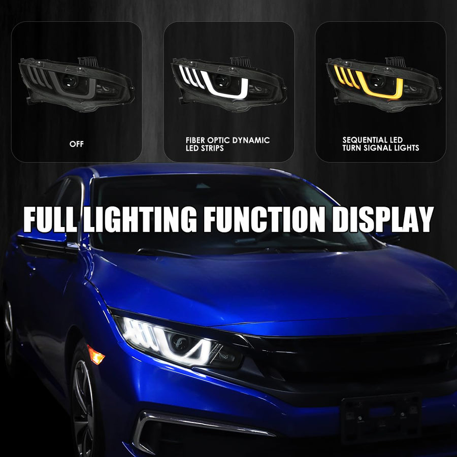 Black Smoke SPEC-D TUNING Full LED Projector Headlights w/Switchback Sequential Signals Compatible with 2016-2021 Honda Civic Models with Factory LED Headlights