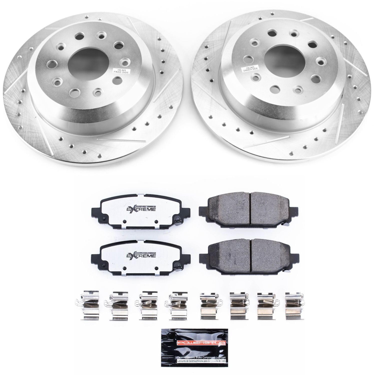 Rear Brake Kit Power Stop For 2018 2019 2020 2021 2022 2023 2024 Jeep Wrangler - Truck & Tow Carbon Fiber Ceramic Brake Pads & Drilled and Slotted Rotors Replacement, K7943-36
