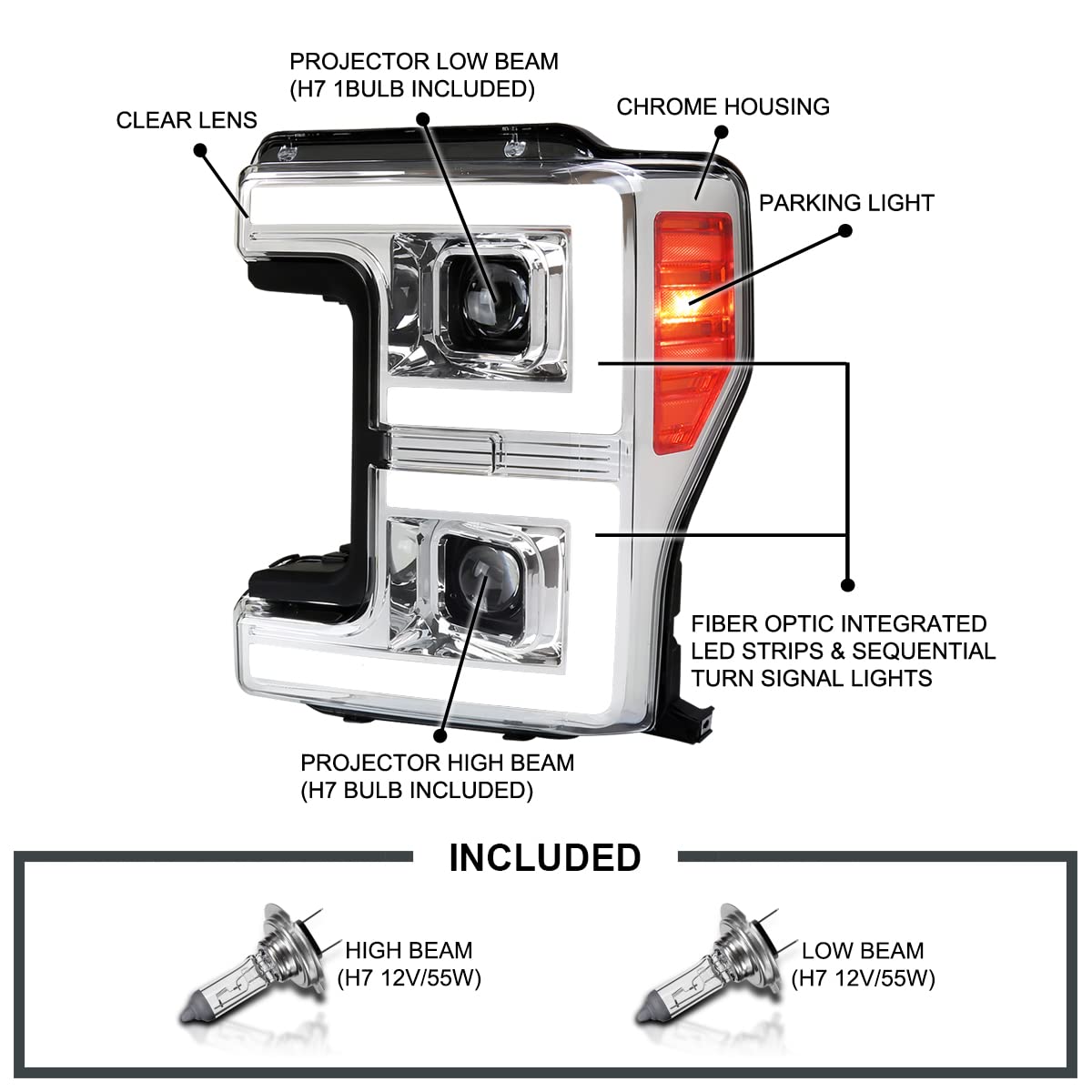 Chrome Projector Headlights SPEC-D TUNING w/LED Sequential Turn Signal Switchback Compatible with 2017-2019 Ford F-250, F-350, F-450, F-550 Super Duty, Left + Right Pair Headlamps Assembly