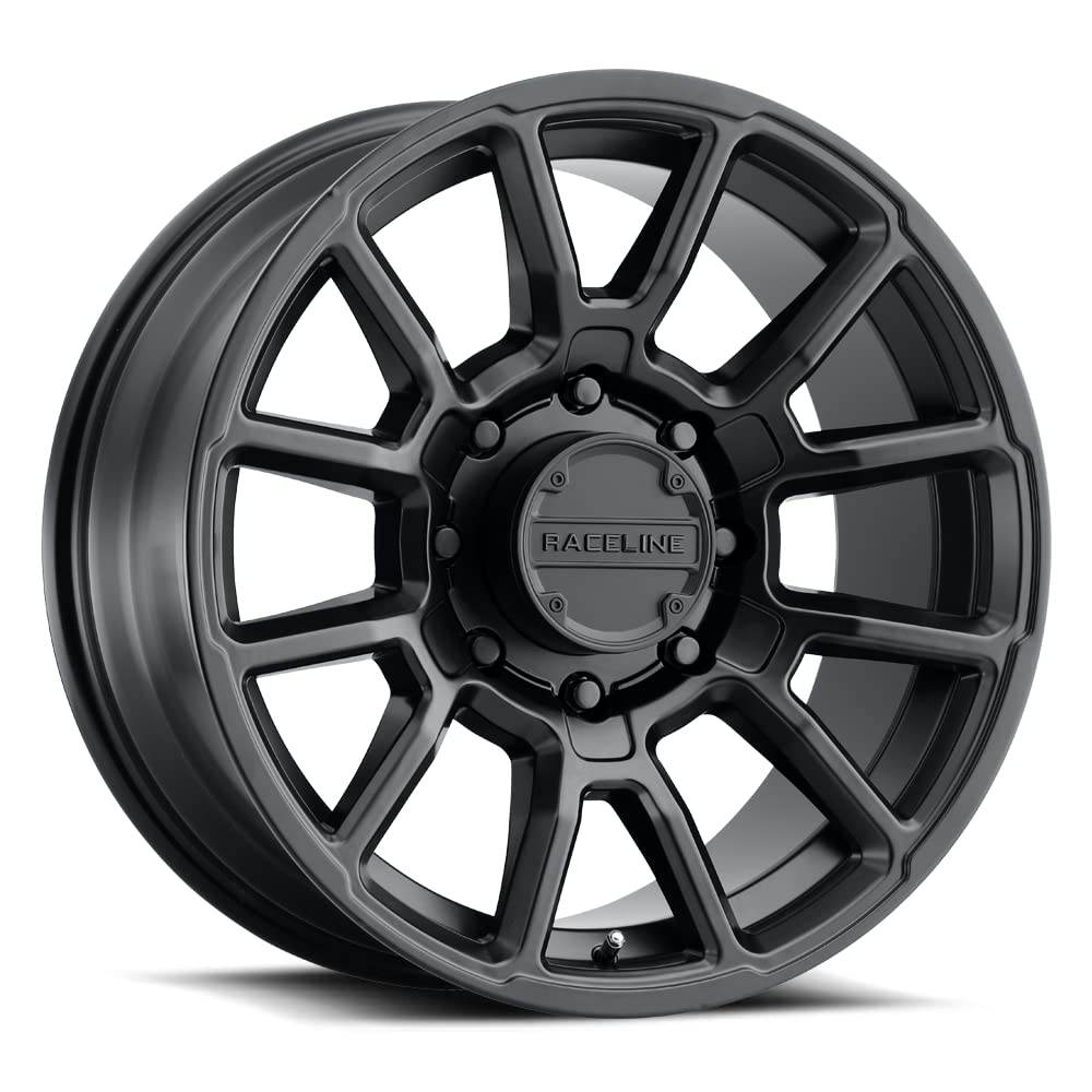 950B Raceline Wheels GAUGE Wheel Satin Black 18X9"8X165.1 Bolt Pattern +18mm Offset/(5.57"B/S) Split Spoke Aluminum Passenger Car Wheels, Full Size Replacement Black Car Rims