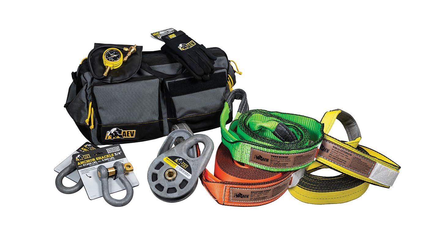 Mid-Size AEV Trail Recovery Kit Includes Snatch Block + Recovery Strap + Tree Saver + Winch Extension Strap + Gloves + Tire Deflator + Anchor Shackles + Recovery Bag