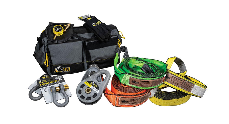 Mid-Size AEV Trail Recovery Kit Includes Snatch Block + Recovery Strap + Tree Saver + Winch Extension Strap + Gloves + Tire Deflator + Anchor Shackles + Recovery Bag