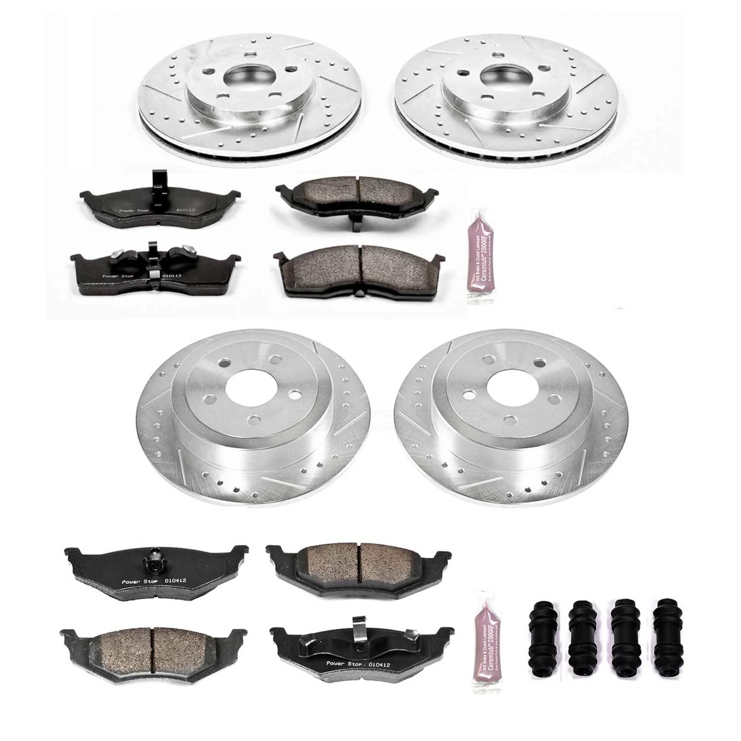 Power Stop K2734 Z23 Carbon Fiber Brake Pads Front and Rear with Drilled & Slotted Brake Rotors Kit For Dodge Neon 2000-2005 | Plymouth Neon 2000-2001 [Vehicle Specific]