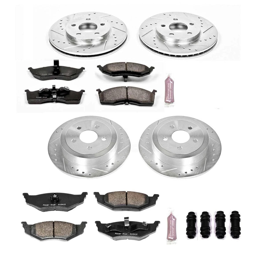 Power Stop K2734 Z23 Carbon Fiber Brake Pads Front and Rear with Drilled & Slotted Brake Rotors Kit For Dodge Neon 2000-2005 | Plymouth Neon 2000-2001 [Vehicle Specific]
