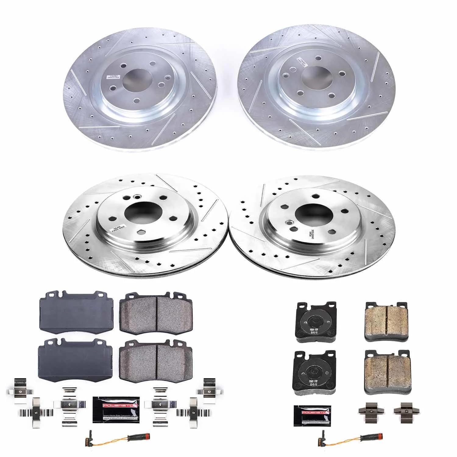 Power Stop K7828 Z23 Carbon Fiber Brake Pads Front and Rear with Drilled & Slotted Brake Rotors Kit For Mercedes-Benz CLK500 2003-2006 [Model Specific]