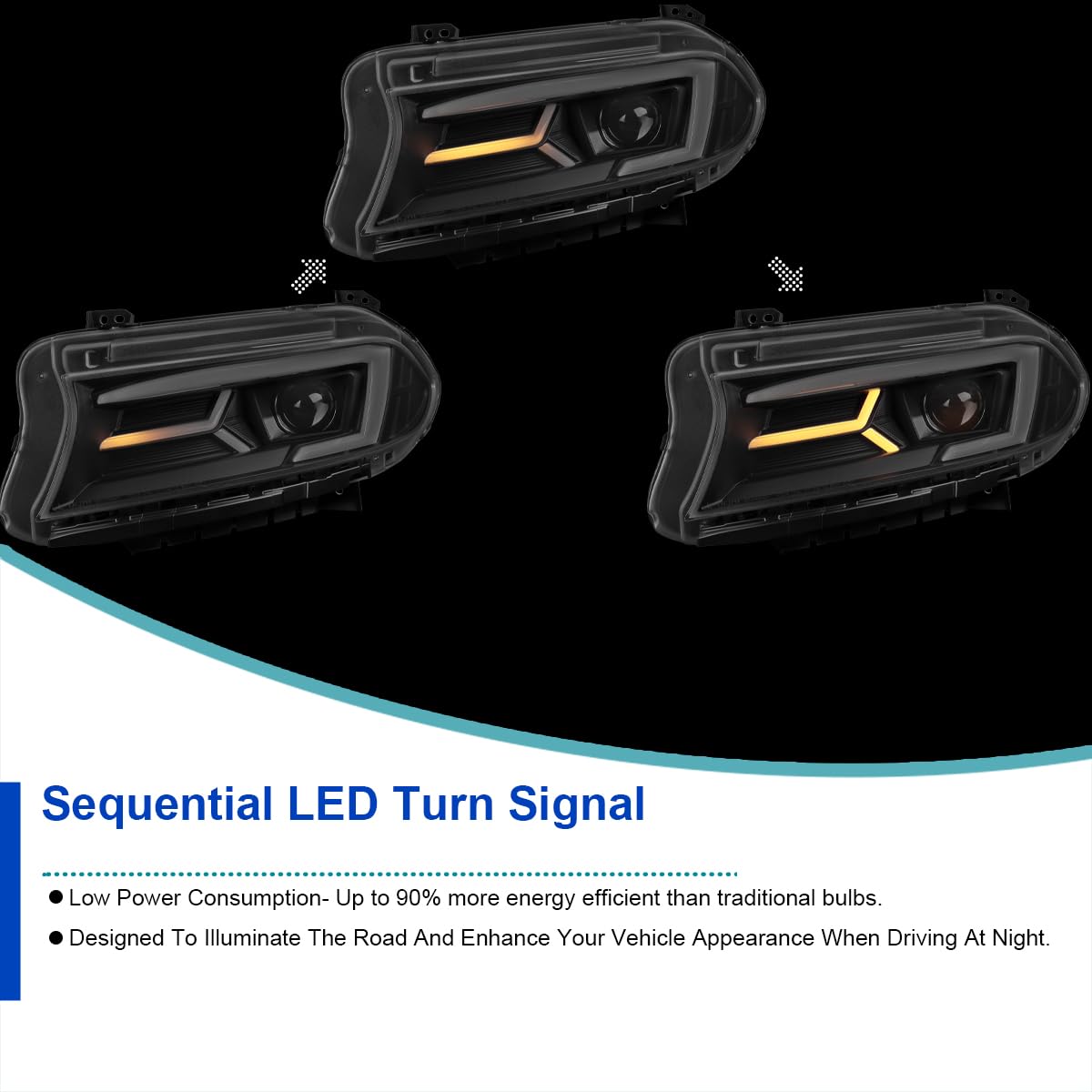 Black LED Projector Headlights w/Sequential Turn Signal SPEC-D TUNING Compatible with 2015-2023 Dodge Charger with factory halogen headlights