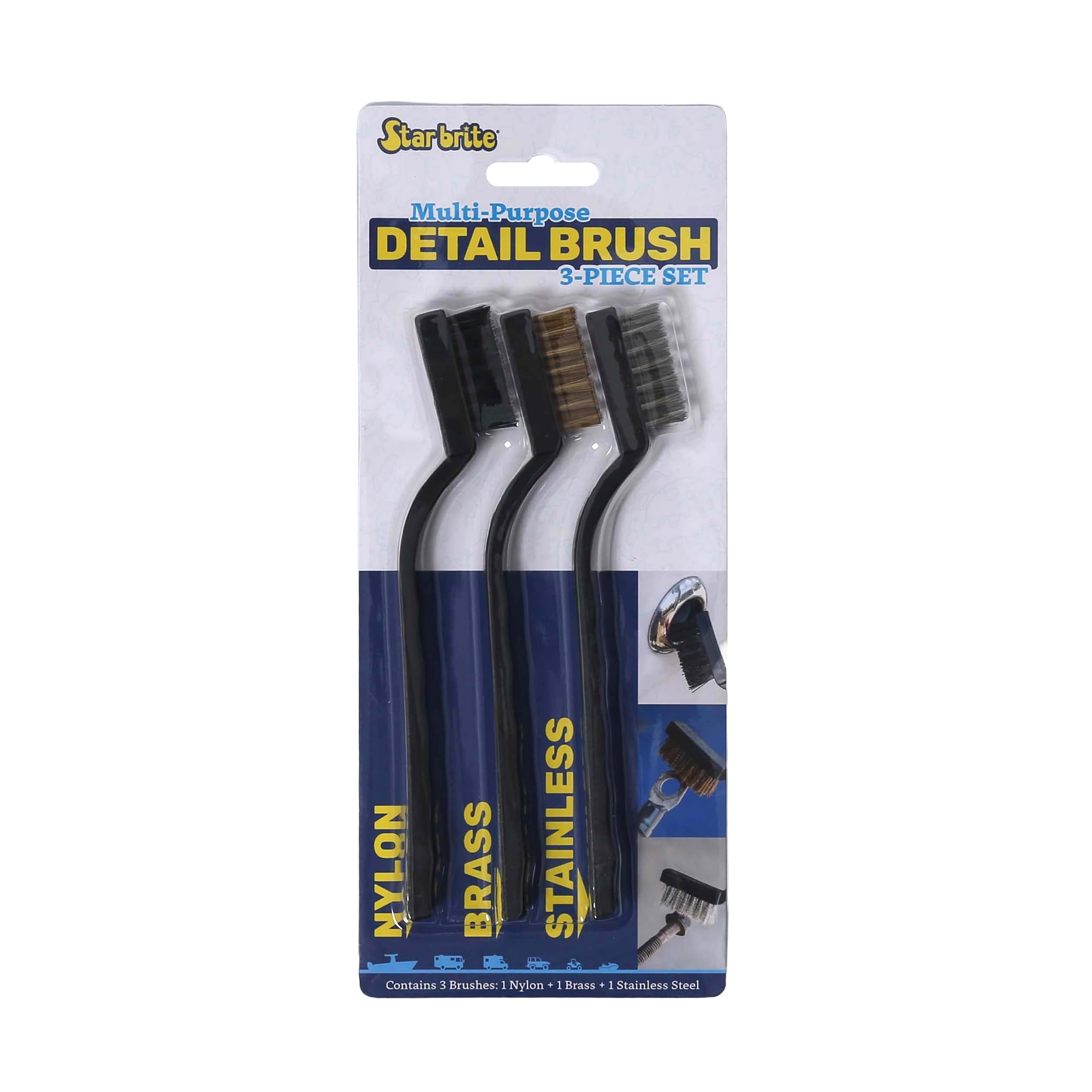 Multipurpose STAR BRITE Detail Brush 3-Piece Set – Includes Nylon, Brass & Stainless Steel Brushes – Durable, Ergonomic, Compact – Ideal for Vehicles, Boats, Household & Outdoor Cleaning