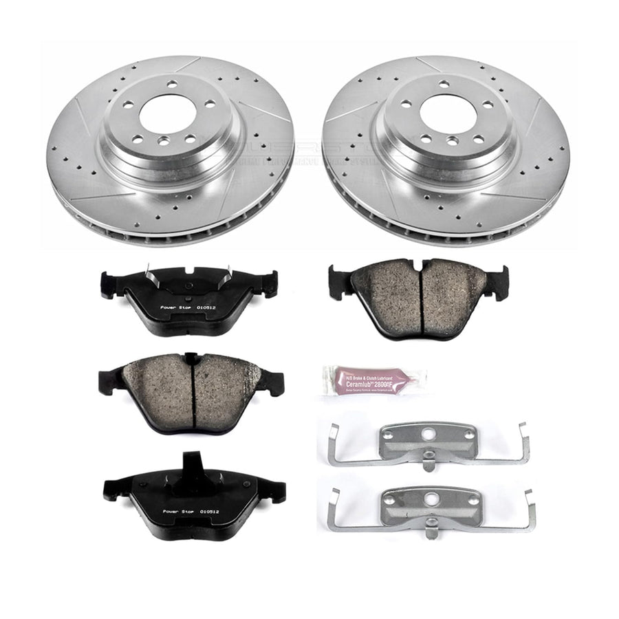 Power Stop K5281 Z23 Carbon Fiber Brake Pads Front with Drilled & Slotted Brake Rotors Kit and 1 Front Sensor Wire For BMW 335d 2009-2010, BMW 335i 2007-2010 [Model Specific]
