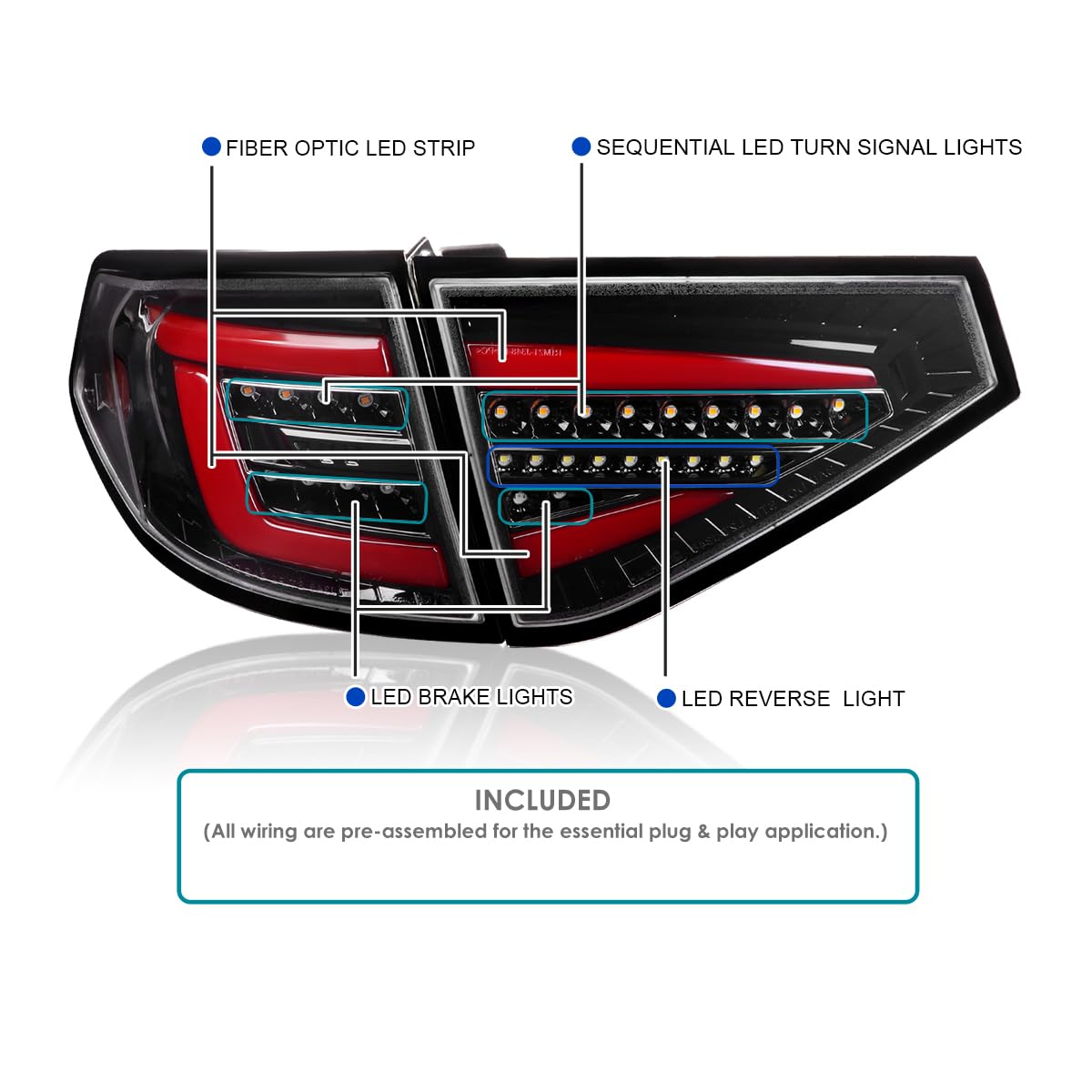Jet Black SPEC-D TUNING Sequential Tail Lights w/Red LED Bar Compatible with 2008-2014 Subaru Impreza WRX Hatchback, Left + Right Pair Assembly