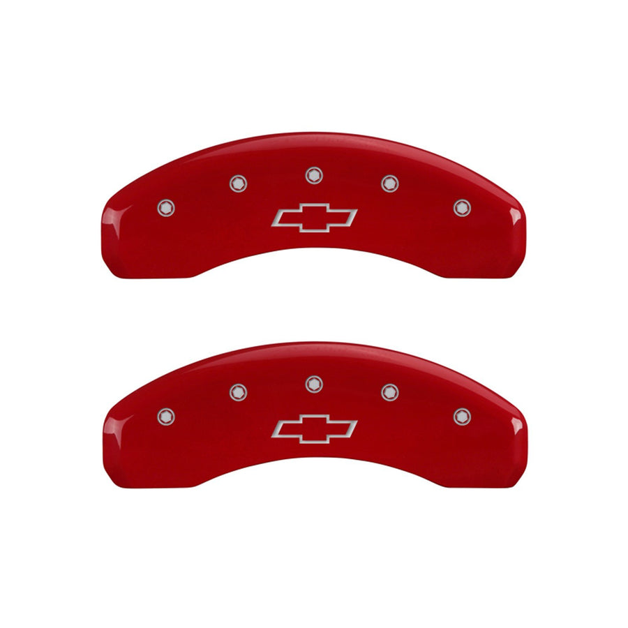 MGP Caliper Covers 'Bowtie' Engraved Caliper Cover with Red Powder Coat Finish and Silver Characters, 14036SBOWRD (Set of 4)