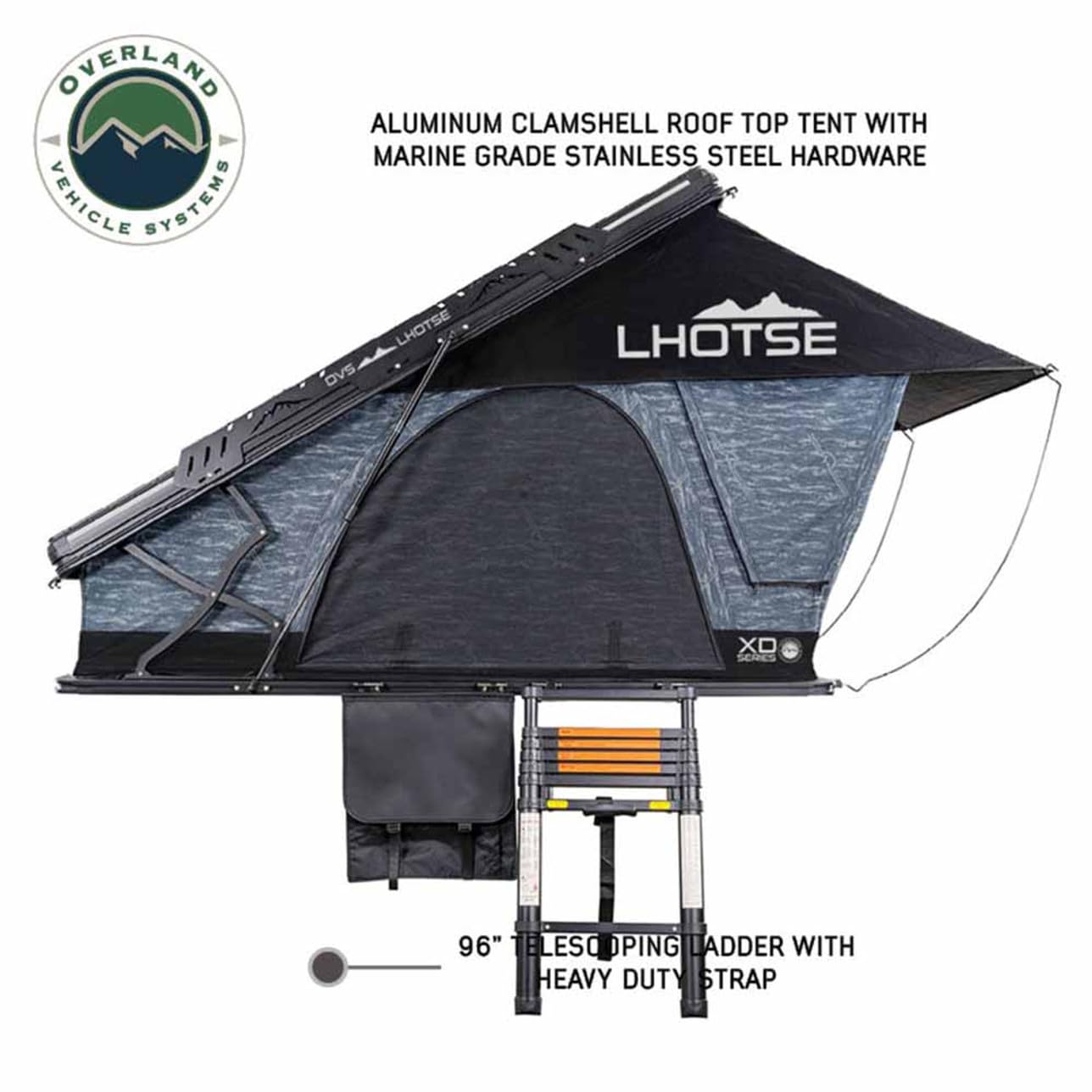 XD Lhotse - Overland Vehicle Systems - Clamshell Aluminum Roof Top Tent, 2 Person, Grey Body & Black Rainfly