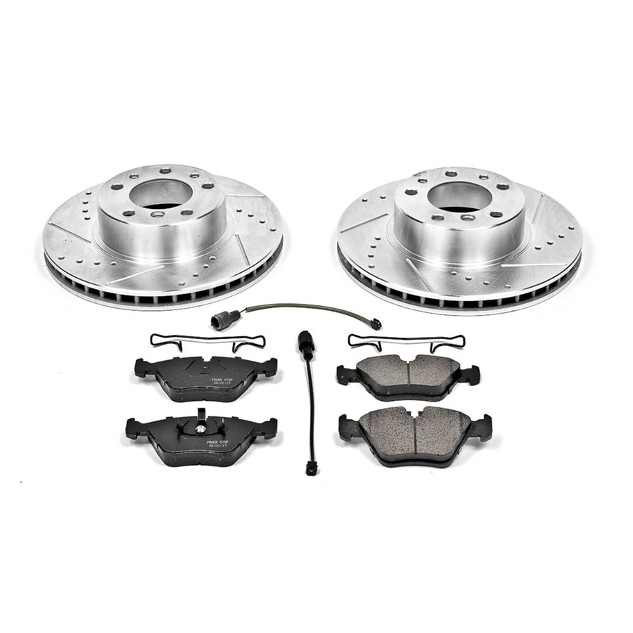 Power Stop K379 Front Z23 Brake Pads Carbon Fiber with Drilled & Slotted Brake Rotors Kit and 1 Front Sensor Wire For BMW 540i, BMW 735i, BMW 735iL, BMW 740i, BMW 740iL, BMW 750iL [Model Specific]