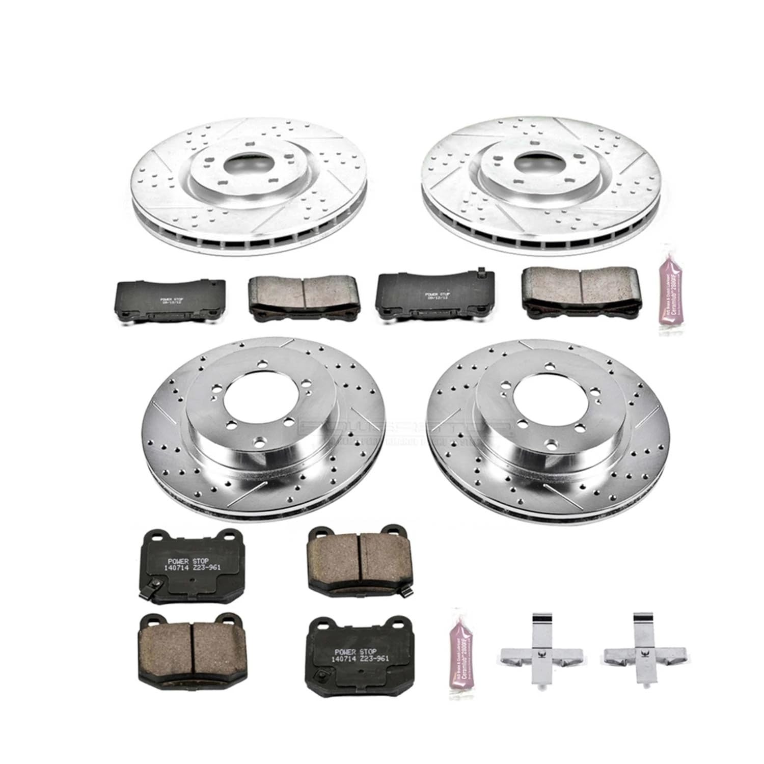 Power Stop K108 Z23 Carbon Fiber Brake Pads Front and Rear with Drilled & Slotted Brake Rotors Kit For Mitsubishi Lancer 2003-2006 [Model Specific]