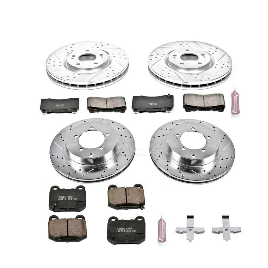 Power Stop K108 Z23 Carbon Fiber Brake Pads Front and Rear with Drilled & Slotted Brake Rotors Kit For Mitsubishi Lancer 2003-2006 [Model Specific]