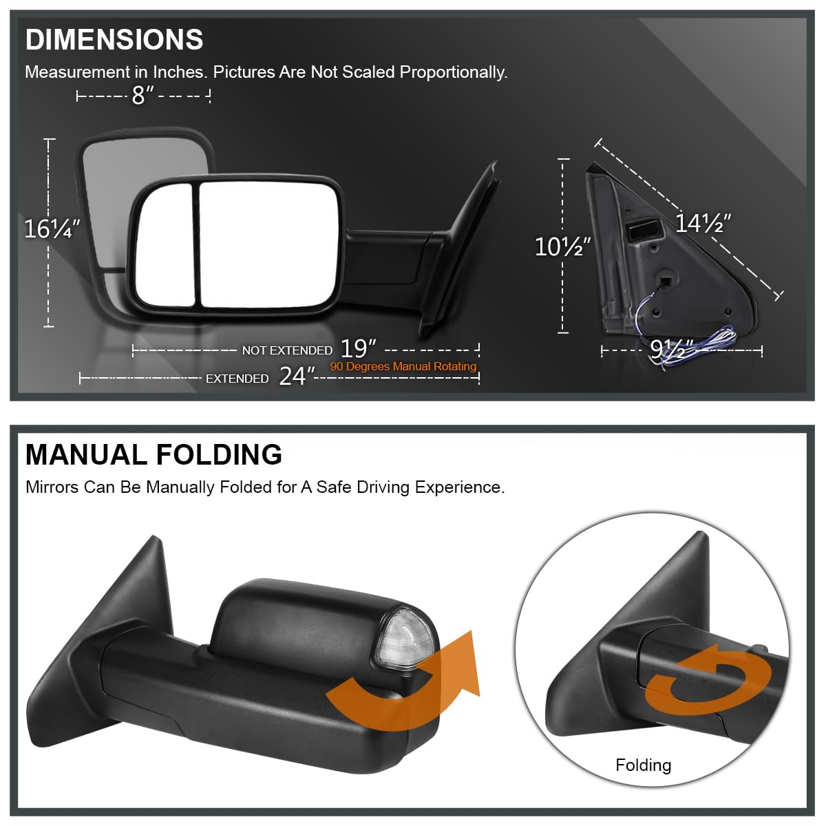 2009 Look SPEC-D TUNING Towing Mirrors w/Turn Signal + Puddle Lights Compatible with 2002-2008 Dodge Ram 1500 2500, Left + Right Pair