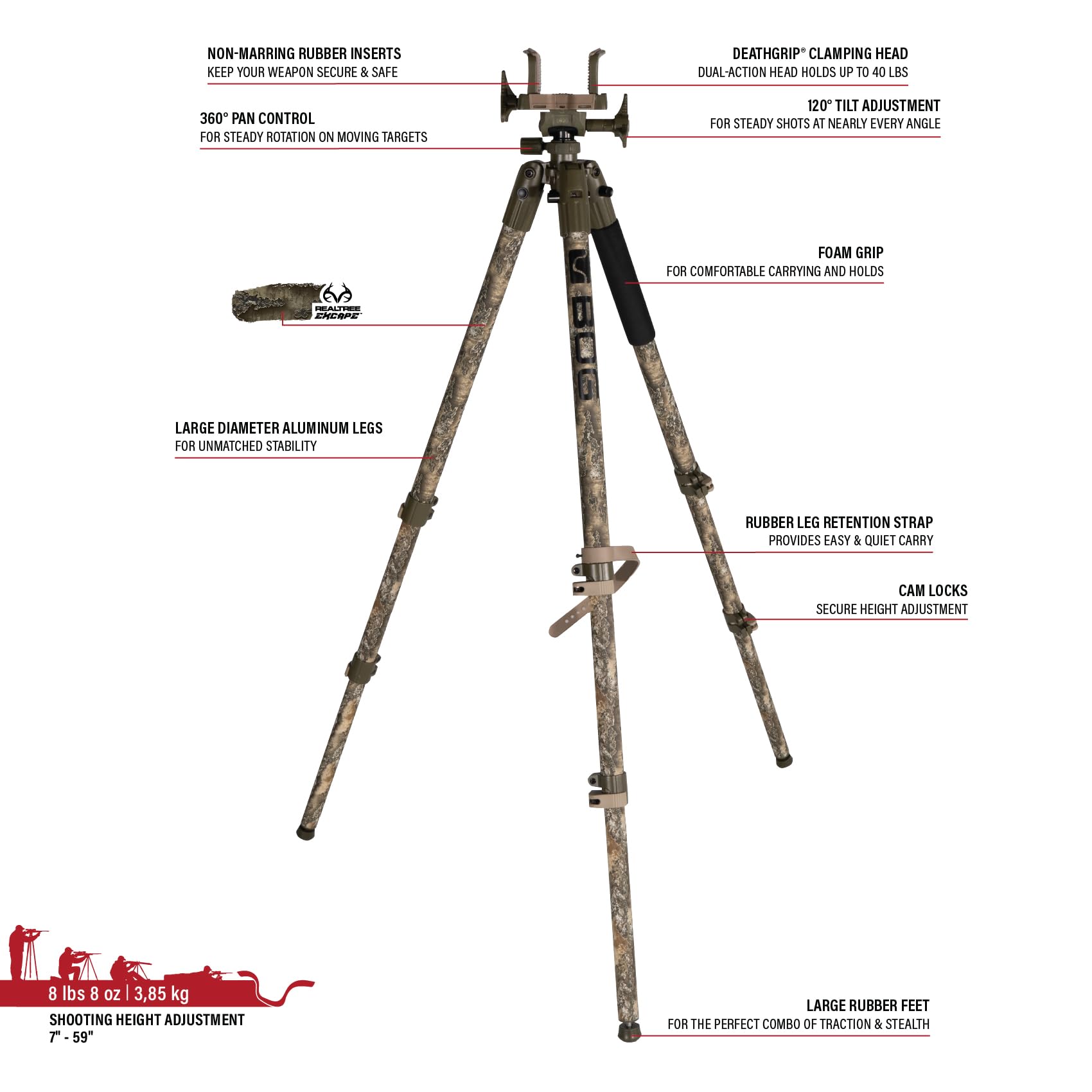 DeathGrip BOG Realtree Excape Camo Tripod with Durable Aluminum Frame, Lightweight, Stable Design, Bubble Level, Adjustable Legs, and Hands-Free Operation for Hunting, Shooting, and Outdoors