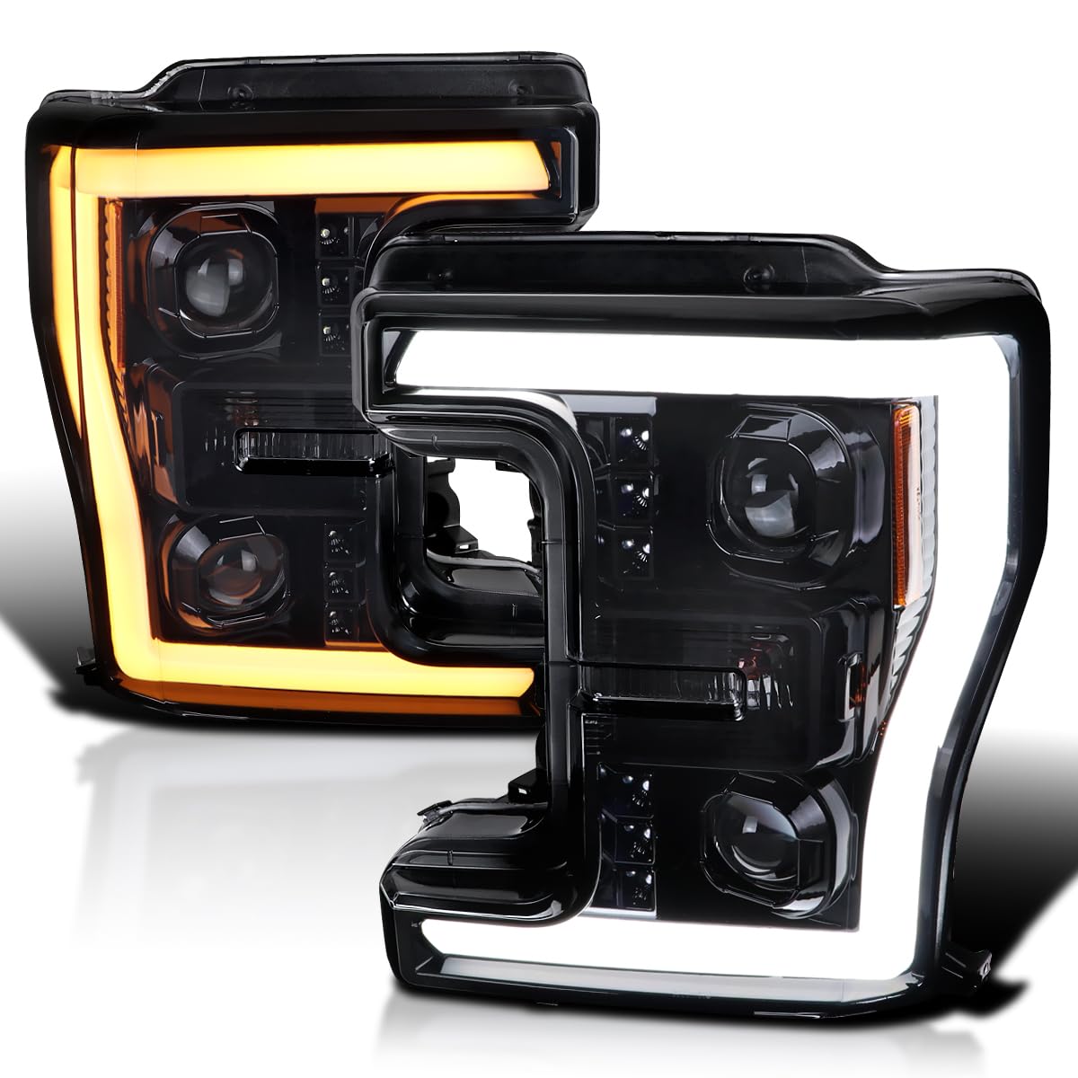 Glossy Black Smoke SPEC-D TUNING Projector Headlights w/Switchback LED Turn Signal Compatible with 2017-2019 Ford F-250, F-350, F-450, F-550 Super Duty, Left + Right Pair Headlamps Assembly