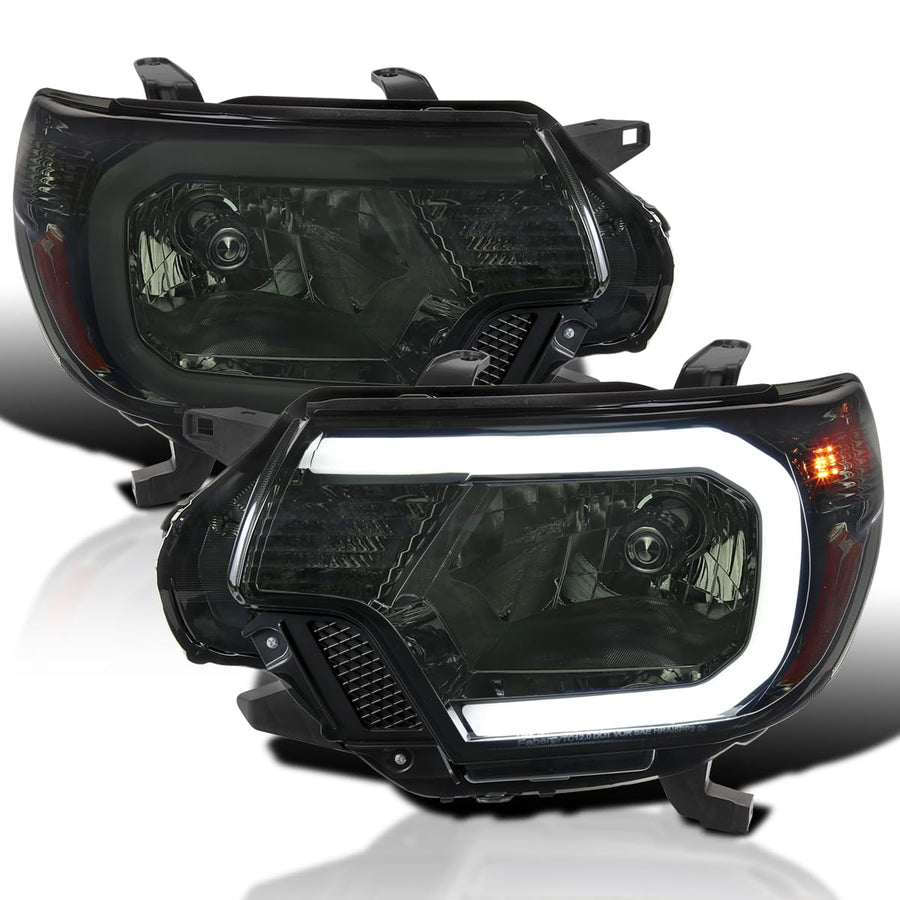 Smoke Headlights SPEC-D TUNING w/LED Strip Compatible with 2012-2015 Toyota Tacoma, Left + Right Pair Headlamp Assembly
