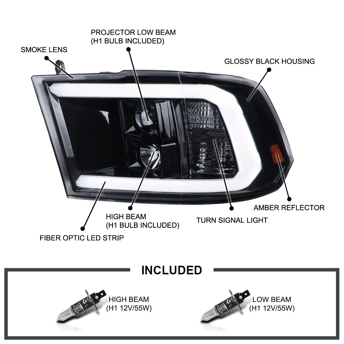 Glossy Black Smoke SPEC-D TUNING LED Light Bar Projector Headlights Compatible with 2009-2018 Dodge Ram 1500 2500 3500, Left + Right Pair Headlamps Assembly