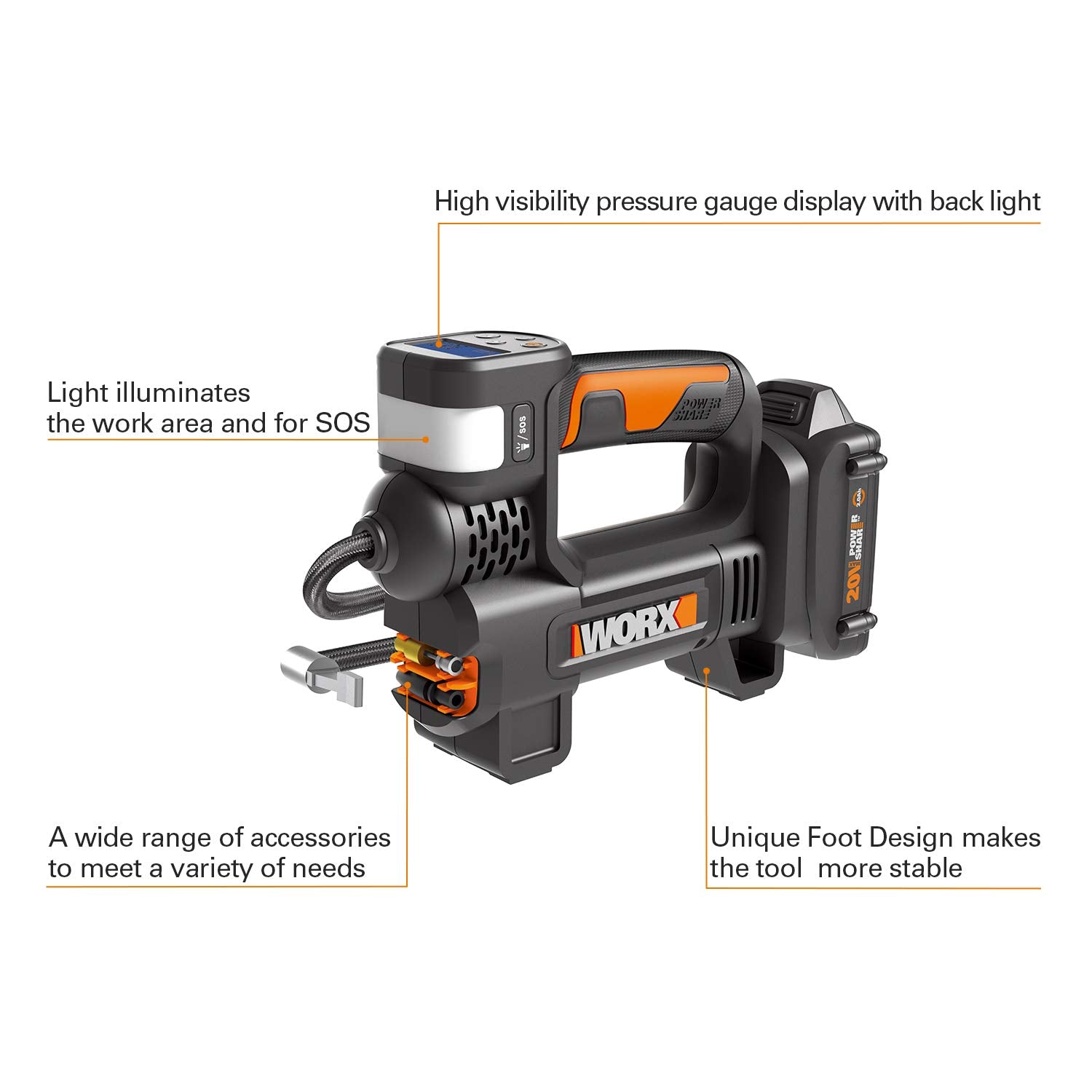 Worx 20V WX092L 2.0Ah 2 in 1 Cordless Inflator Battery and Charger Included, max. 10 Bar, Digital pressure display