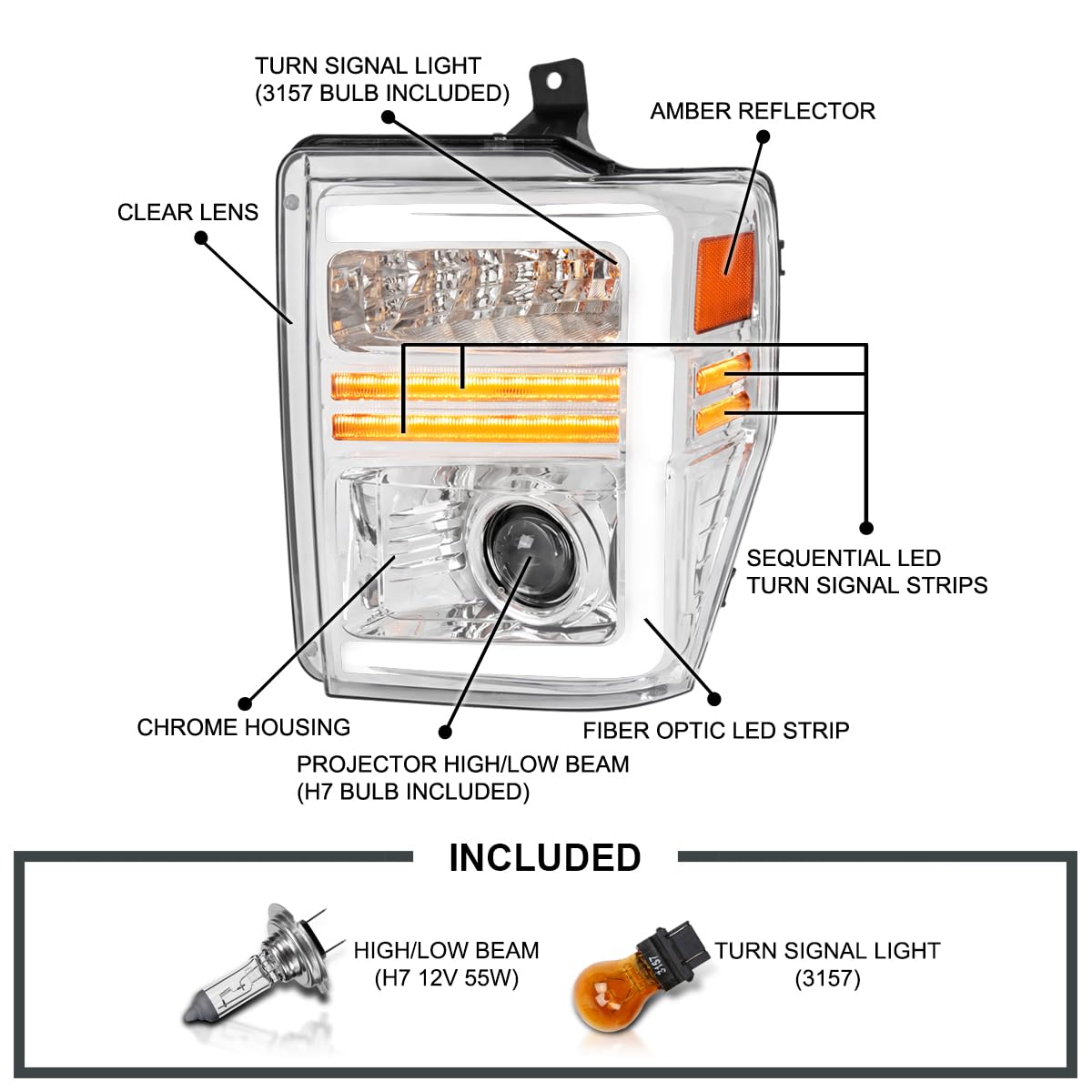 Chrome Projector Headlights SPEC-D TUNING with Sequential LED Turn Signal Light Strips Compatible with 2008-2010 Ford F-250, F-350, F-450, F-550 Super Duty, Left + Right Pair Headlamps Assembly