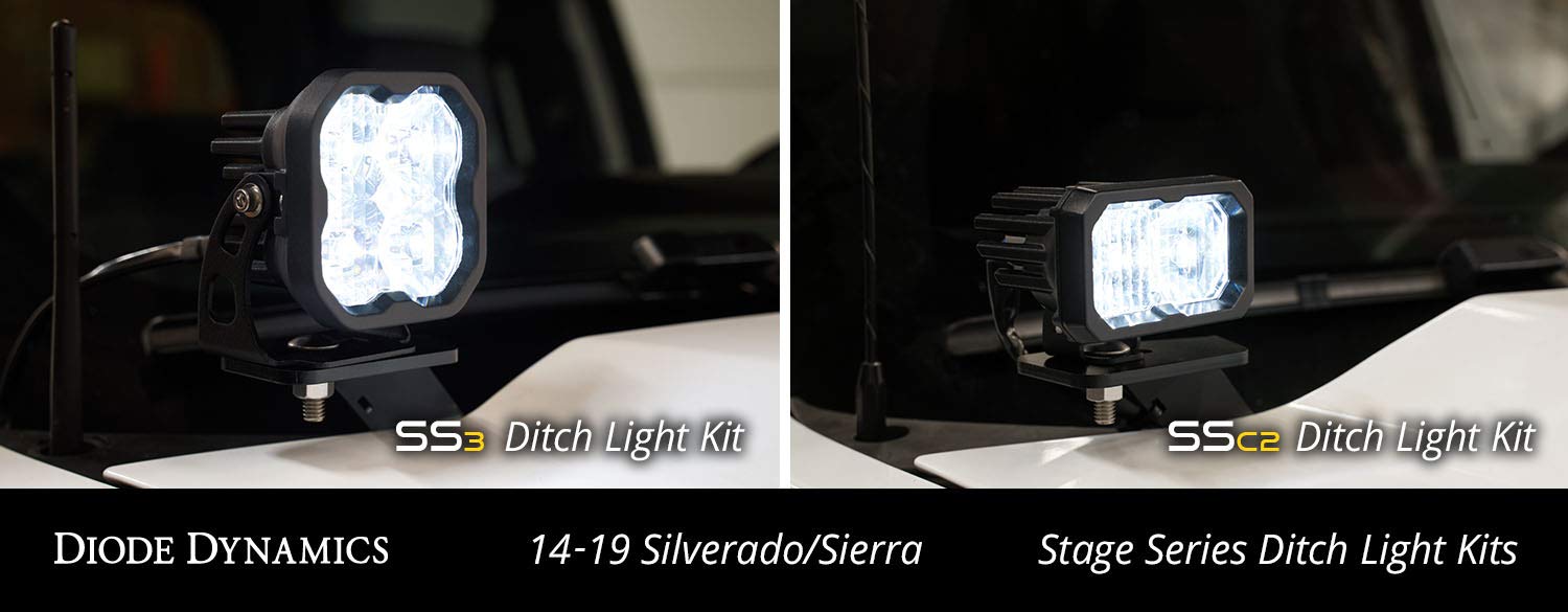Diode Dynamics Backlit Stage Series Ditch Light Kit compatible with Chevrolet Silverado 1500 2014-2019, C2 1.0 Pro White Combo