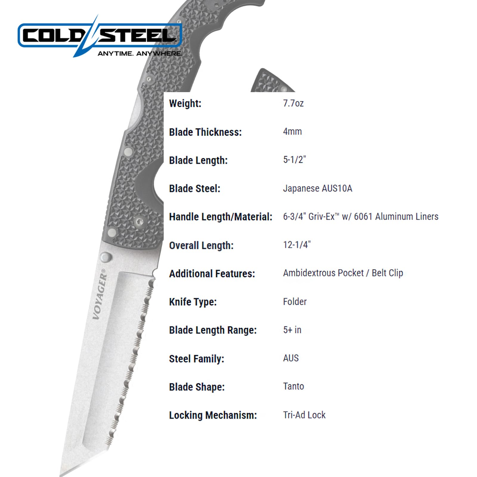 Cold Steel Voyager XL 5.5" AUS10A Tanto Point Serrated Edge Razor-Sharp Blade 6.75" Griv-Ex Handle Everyday Carry Tactical Folding Knife