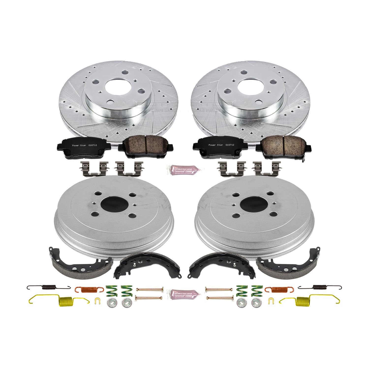 Power Stop K15201DK Z23 Carbon Fiber Brake Pads Front and Rear with Drilled & Slotted Brake Drums Kit For Toyota Prius 2001-2003 [Model Specific]