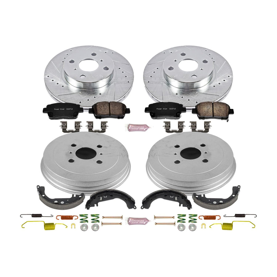 Power Stop K15201DK Z23 Carbon Fiber Brake Pads Front and Rear with Drilled & Slotted Brake Drums Kit For Toyota Prius 2001-2003 [Model Specific]